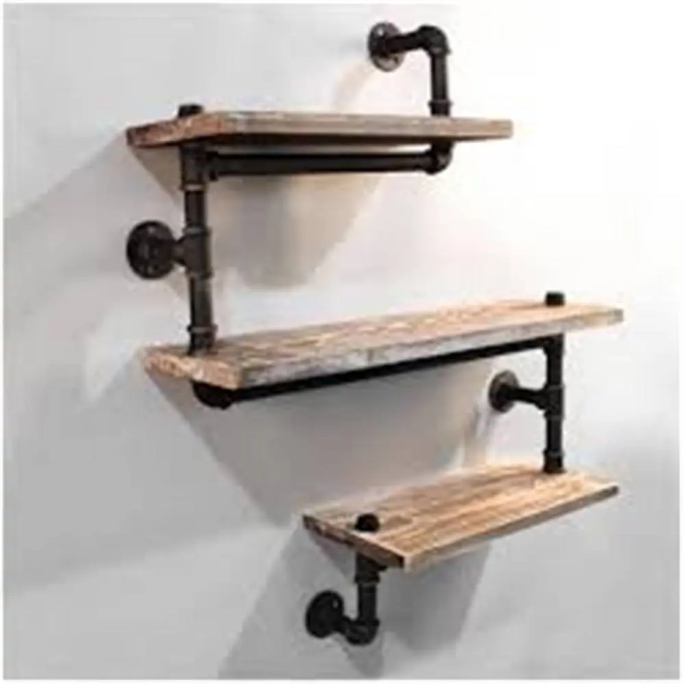 Huge Industrial Rustic Urban Pipe Wall 3 Tiers Wooden Shelves