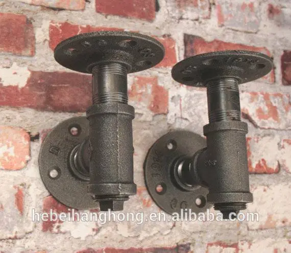 INDUSTRIAL PIPE BRACKET 'T' & Nut Pipe Pair Heavy Shelf Vintage 1949 Style Dark Grey 3/4